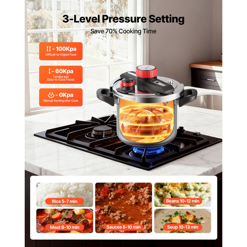 Χύτρα ταχύτητας VEVOR, Χύτρα ταχύτητας 7L από ανοξείδωτο ατσάλι, Δοχείο πίεσης με σχάρα ατμού, Καπάκι από σκληρυμένο γυαλί, Τρεις ρυθμίσεις πίεσης για κρέας, φασόλια, ρύζι, σούπα, σάλτσες, Μαγείρεμα έως 100 kPa