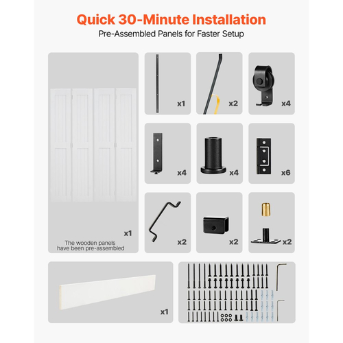 Πόρτα αχυρώνα VEVOR Bipold, 1524 x 2134 mm, συρόμενες πόρτες ντουλάπας από MDF, περιλαμβάνεται κιτ εξαρτημάτων, σχεδιασμός εξοικονόμησης χώρου σε σχήμα H, προσυναρμολογημένα πάνελ για υπνοδωμάτιο, σαλόνι και διαχωριστικό δωματίου, λευκό