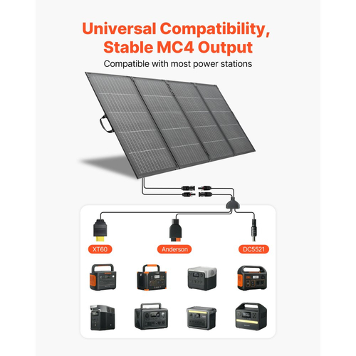 Πτυσσόμενο ηλιακό πάνελ VEVOR 400W με πλαίσιο, μονοκρυσταλλικός φορτιστής ηλιακού πάνελ 16BB τύπου N, απόδοση 24%, αδιάβροχο IP67 με έξοδο MC4 και προσαρμογέα DC 10 σε 1 για σταθμούς παραγωγής ενέργειας, κάμπινγκ, πεζοπορία