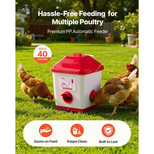 Αυτόματη ταΐστρα κοτόπουλων VEVOR, χωρητικότητας 18,14 kg, μεγάλης βαρύτητας κρεμαστή ταΐστρα πουλερικών με λαβή, σχεδιασμός χωρίς απόβλητα, αδιάβροχος, 3 θύρες τροφοδοσίας, εσωτερικό ή εξωτερικό κοτέτσι, για κοτόπουλα