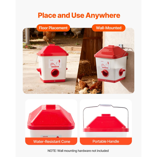 Αυτόματη ταΐστρα κοτόπουλων VEVOR, χωρητικότητας 18,14 kg, μεγάλης βαρύτητας κρεμαστή ταΐστρα πουλερικών με λαβή, σχεδιασμός χωρίς απόβλητα, αδιάβροχος, 3 θύρες τροφοδοσίας, εσωτερικό ή εξωτερικό κοτέτσι, για κοτόπουλα