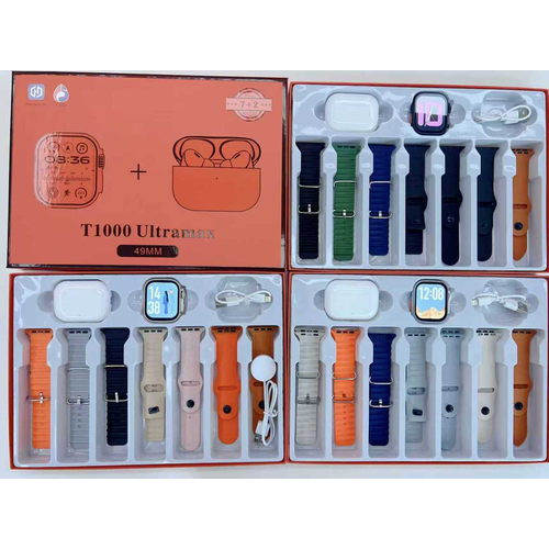 Σετ Smartwatch με ασύρματα ακουστικά Bluetooth & 7 λουράκια - T1000 UItra Max - 814123 - Black