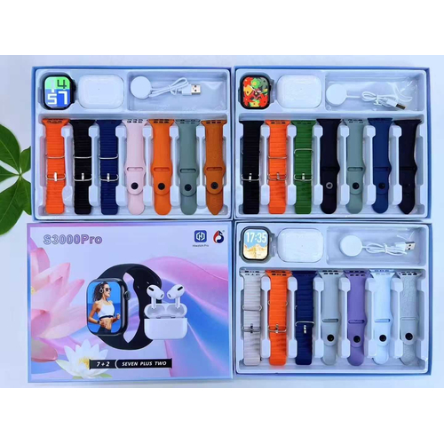 Σετ Smartwatch με ασύρματα ακουστικά Bluetooth & 7 λουράκια - S3000 Pro - 814086 - Black