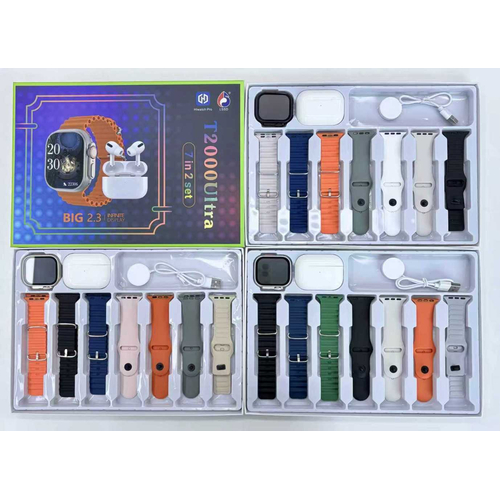 Σετ Smartwatch με ασύρματα ακουστικά Bluetooth & 7 λουράκια - T2000 UItra - 814130 - Black