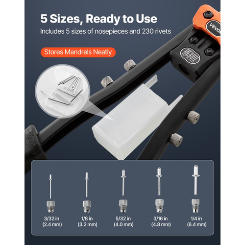 Κιτ πριτσινιών VEVOR Pop, με 230 τυφλά πριτσίνια, πριτσινωτή με δύο χέρια με 5 εναλλάξιμα ακροφύσια, 5 τρυπάνια και θήκη μεταφοράς, χειροκίνητο εργαλείο πριτσινώματος για μέταλλο, αυτοκίνητα, σπίτι και DIY