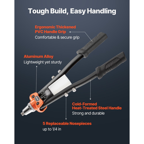 Κιτ πριτσινιών VEVOR Pop, με 230 τυφλά πριτσίνια, πριτσινωτή με δύο χέρια με 5 εναλλάξιμα ακροφύσια, 5 τρυπάνια και θήκη μεταφοράς, χειροκίνητο εργαλείο πριτσινώματος για μέταλλο, αυτοκίνητα, σπίτι και DIY