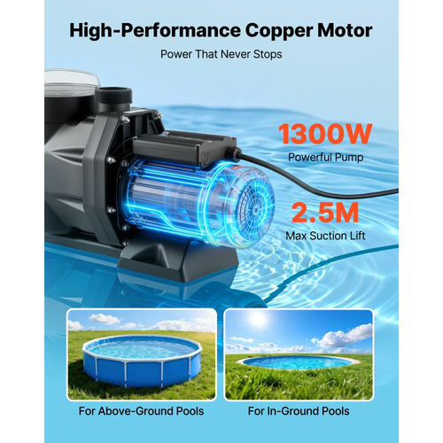 Αντλία πισίνας VEVOR, 1300W, μέγιστη ροή 28.800 L/H, αντλία πισίνας μονής ταχύτητας, AC 220-240V, 2850 RPM, μέγιστη μανομετρική βαλβίδα 17 m, με χρονοδιακόπτη 24 ωρών και καλάθι φίλτρου, για υπέργειες και εντοιχισμένες πισίνες, υδρομασάζ, σπα