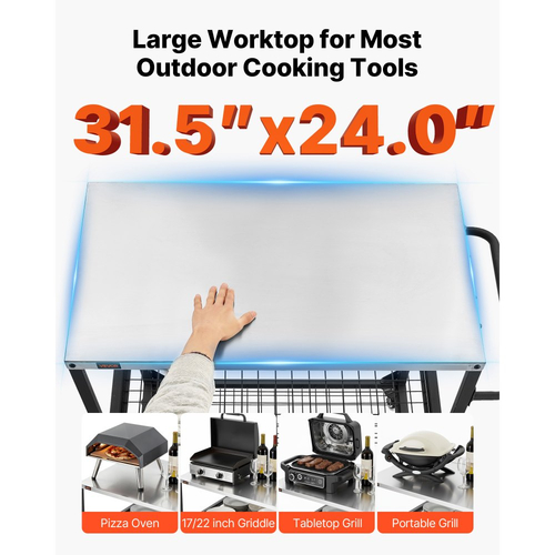 Καρότσι ψησίματος εξωτερικού χώρου VEVOR, τραπέζι ψησίματος από ανοξείδωτο ατσάλι 800 x 610 mm, τραπέζι μαγειρέματος εξωτερικού χώρου με 4 ρόδες και πλαϊνή λαβή, δύο ράφια από πλέγμα, τραπέζια προετοιμασίας μπάρμπεκιου για βεράντα, κήπο