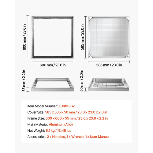 Κάλυμμα φρεατίου VEVOR με πλαίσιο, αόρατα καλύμματα πρόσβασης σε σηπτική δεξαμενή 600 x 600 mm, ενσωματωμένο κάλυμμα επιθεώρησης καναλιού αποστράγγισης από κράμα αλουμινίου για πεζοδρόμια, κήπους, βεράντες