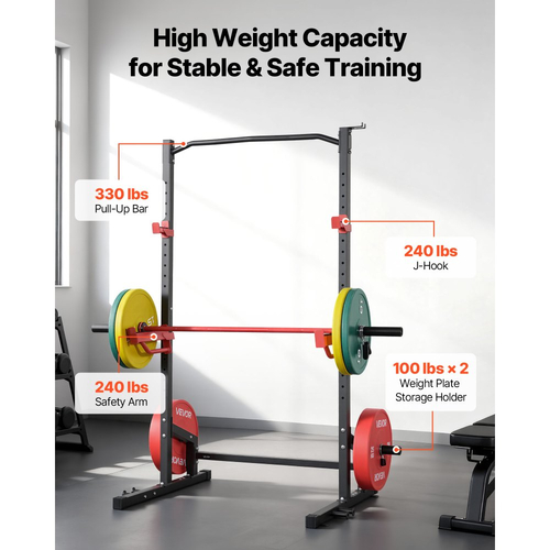 VEVOR Power Cage Squat Rack, Πολυλειτουργικό Power Rack για Γυμναστήριο στο Σπίτι, Εξοπλισμός Προπόνησης Δύναμης με 4 Ζώνες, Ρυθμιζόμενα J-Hooks & Μπάρες Ασφαλείας για Barbell Squat Bench Press Pull-Up