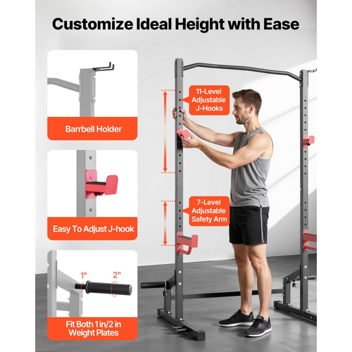 VEVOR Power Cage Squat Rack, Πολυλειτουργικό Power Rack για Γυμναστήριο στο Σπίτι, Εξοπλισμός Προπόνησης Δύναμης με 4 Ζώνες, Ρυθμιζόμενα J-Hooks & Μπάρες Ασφαλείας για Barbell Squat Bench Press Pull-Up