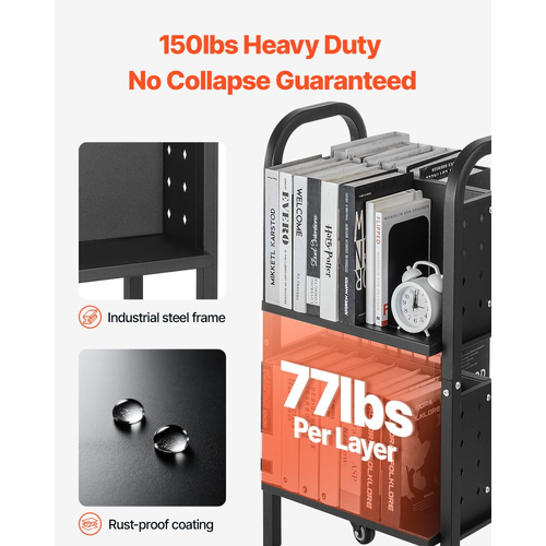 VEVOR Τροχαίο Βιβλιοθηκάριο, Χωρητικότητα 70 kg, Καρότσι Βιβλιοθήκης 45 x 33 x 88 cm, Ράφια διπλής όψης σε σχήμα L με κλειδώσιμες ρόδες 50,8 mm, Βιβλιοθηκάριο για ράφια σπιτιού, γραφείου και σχολείου, Μαύρο