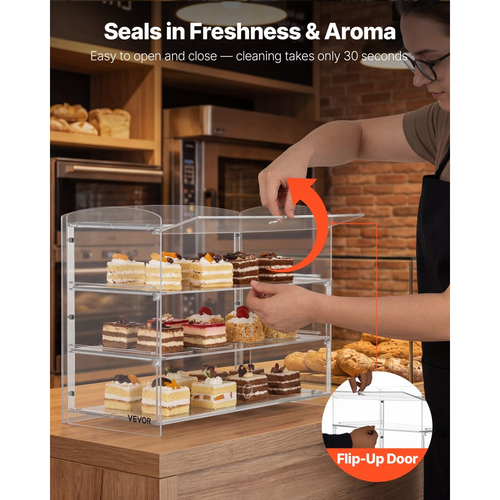 Βιτρίνα αρτοποιίας VEVOR, 3-επίπεδη επαγγελματική βιτρίνα ζαχαροπλαστικής για τον πάγκο εργασίας, διαφανές ακρυλικό κουτί ψωμιού για την κουζίνα, ντουλάπι κέικ για πάρτι με αναδιπλούμενη πόρτα για ντόνατ μπισκότων και επιδόρπιο, 482 x 232 x 380 mm