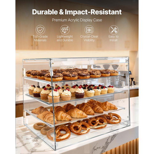 Βιτρίνα αρτοποιίας VEVOR, 4-επίπεδη επαγγελματική βιτρίνα ζαχαροπλαστικής για τον πάγκο εργασίας, διαφανές ακρυλικό κουτί ψωμιού για την κουζίνα, ντουλάπι κέικ για πάρτι με μαγνητική πίσω πόρτα για μπισκότα και επιδόρπιο ντόνατ, 530x435x415 mm