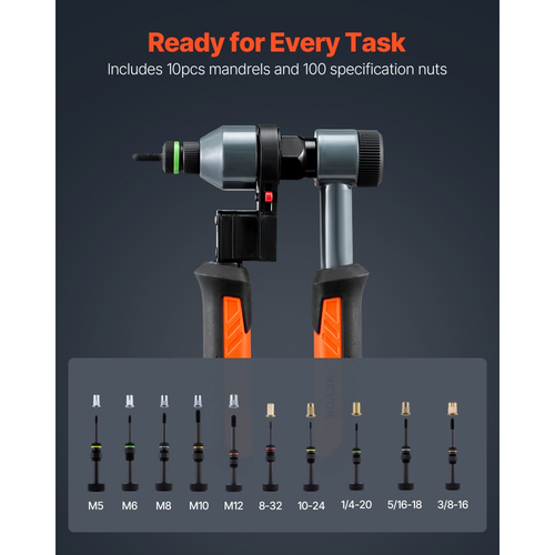 Κιτ εργαλείων παξιμαδιών πριτσινιού VEVOR, κιτ εργαλείων παξιμαδιών πριτσινιού καστάνιας 210 mm, με 10 μανδρέλια και 100 παξιμάδια, μετρικό και μέγεθος SAE M5, M6, M8, M10, M12, 8-32, 10-24, 1/4-20, 5/16-18, 3/8-16 UNC, με ανθεκτική θήκη μεταφοράς