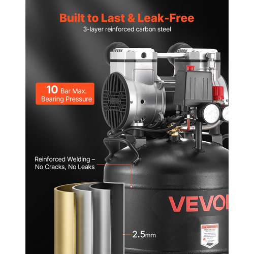 Αεροσυμπιεστής VEVOR 30L, 1,5KW 113L/min στα 6,2 Bar Αεροσυμπιεστές, Μέγιστης Πίεσης 10 Bar Δεξαμενή Συμπιεστή Χωρίς Λάδι για Επισκευή Αυτοκινήτων, Φούσκωμα Ελαστικών, Βάψιμο με Ψεκασμό, Καρφώματα Ξυλουργικών Εργασιών