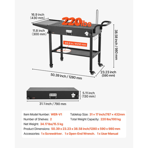 Καρότσι ψησίματος εξωτερικού χώρου VEVOR, τραπέζι ψησίματος 787 x 432 mm, πτυσσόμενο τραπέζι μαγειρέματος εξωτερικού χώρου με θήκη για χαρτομάντιλα, γάντζους, ρόδες, βοηθητικό τραπέζι, τραπέζια προετοιμασίας μπάρμπεκιου για πικνίκ, κουζίνα, αυλή
