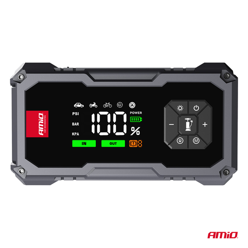 Amio - Φορητός Εκκινητής Μπαταρίας 4 σε 1 τύπου Jump Starter με Κομπρεσέρ Αέρα Φως LED και Powerbank τάση λειτουργίας 12V απόδοσης 7.2Ah 600A για Επιβατικά Αυτοκίνητα - 1 τεμ. (04674/AM)
