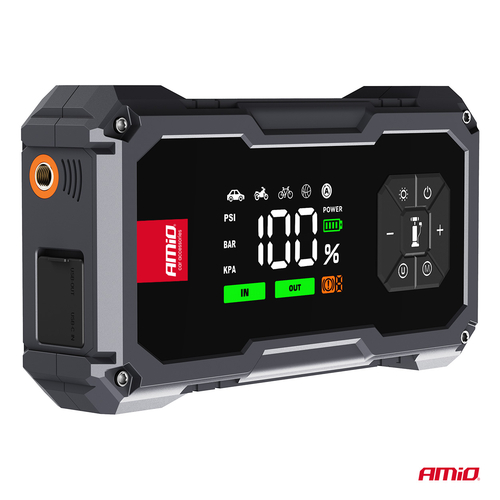 Amio - Φορητός Εκκινητής Μπαταρίας 4 σε 1 τύπου Jump Starter με Κομπρεσέρ Αέρα Φως LED και Powerbank τάση λειτουργίας 12V απόδοσης 7.2Ah 600A για Επιβατικά Αυτοκίνητα - 1 τεμ. (04674/AM)