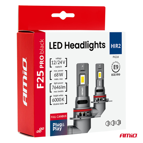 Amio - Λαμπτήρες LED F25 PRO Black Edition HIR2 (9012) 68W 12-24V Full CAN Bus με Φωτεινότητα 7646lm σε Ψυχρό Λευκό 6000K για Επιβατικά Αυτοκίνητα & Φορτηγά - Σετ 2 τεμ. (04724/AM)
