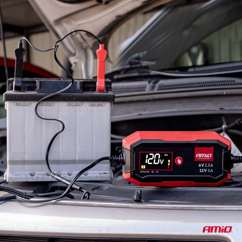 Amio - Φορτιστής Μπαταρίας Ψηφιακός PRO AGM GEL LiFePo4 (LFP) τάση λειτουργίας 6/12V ένταση ρεύματος 5A για Επιβατικά Αυτοκίνητα και Μοτοσυκλέτες - 1 τεμ. (04527/AM)