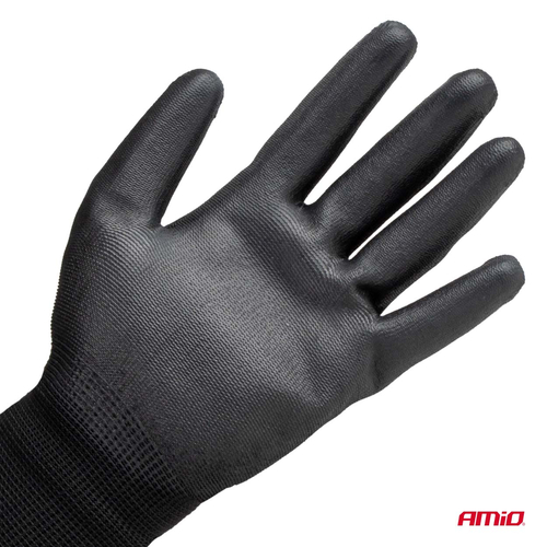 Amio - Γάντια Εργασίας ελαστικά με επικάλυψη πολυουρεθάνης χρώμα μαύρο μέγεθος No.8 - 2 ζευγ. (04631/AM)