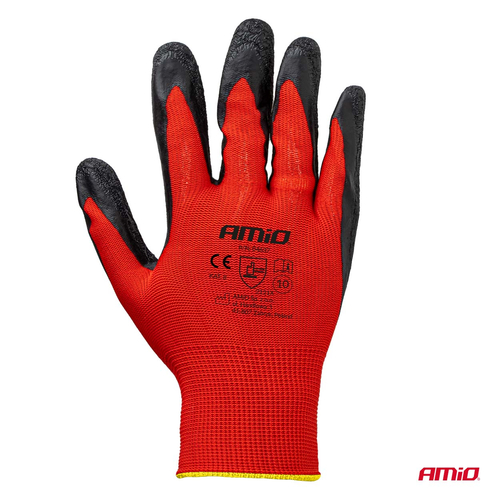 Amio - Γάντια Εργασίας με επικάλυψη λάτεξ χρώμα μαύρο/κόκκινο μέγεθος No.10 - 2 ζευγ. (04637/AM)