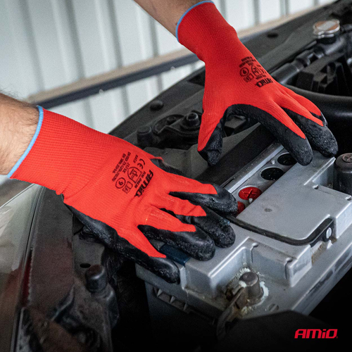 Amio - Γάντια Εργασίας με επικάλυψη λάτεξ χρώμα μαύρο/κόκκινο μέγεθος No.11 - 2 ζευγ. (04638/AM)