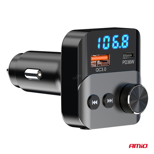 Amio - FM Transmitter Αναπτήρα τύπου FMT01 τάση λειτουργίας για Επιβατικά Αυτοκίνητα και Φορτηγά με 1xUSB Type-A και 1xUSB Type-C για Επιβατικά Αυτοκίνητα και Φορτηγά - 1 τεμ. (04647/AM)
