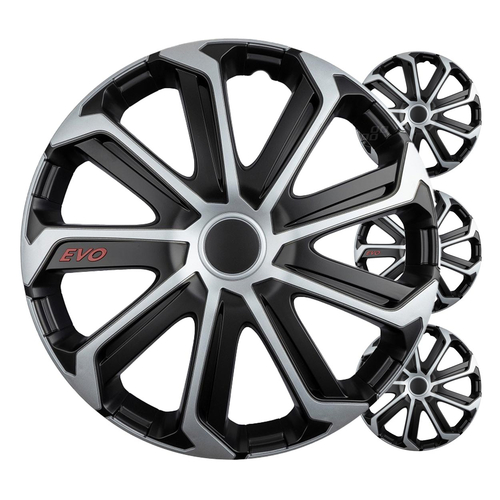 Amio - Σετ Τάσια Τροχών 15'' ιντσών, Μοντέλο EVO, Χρώμα Μαύρο / Ασημί – Σετ 4 τεμαχίων σε Κουτί (9757/AM)