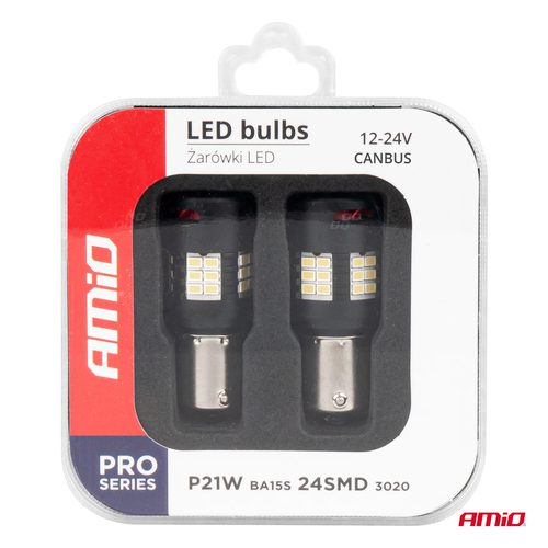 Amio - Λάμπες LED P21W βάση BA15S τύπου Pro Series τάση λειτουργίας 12/24V με 24x3020 SMD Can-bus λευκό για Επιβατικά Αυτοκίνητα και Φορτηγά - 2 τεμ. (03721/AM)