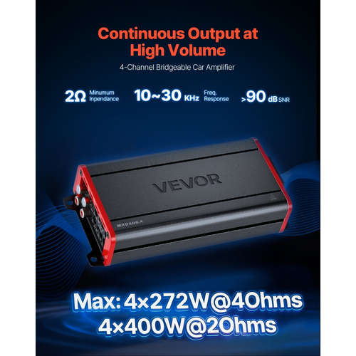 Ενισχυτής ήχου αυτοκινήτου VEVOR, 4-καναλικός γεφυρώσιμος ενισχυτής αυτοκινήτου, πολυκαναλικός στερεοφωνικός ενισχυτής κατηγορίας D, μέγ. 4 x 272W στα 4 Ohms / 4 x 400W στα 2 Ohms, υψηλή έξοδος, για SUV, Pick-up και οχήματα εκτός δρόμου