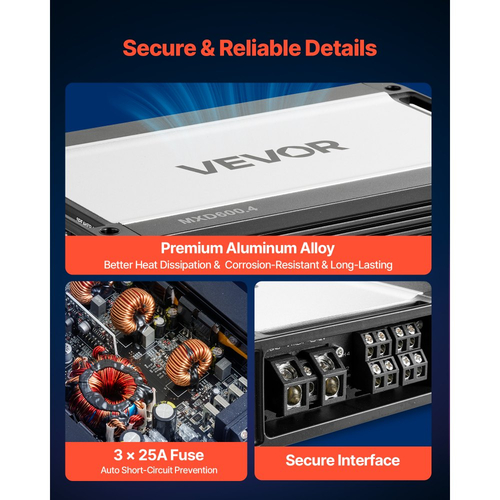 Ενισχυτής ήχου αυτοκινήτου VEVOR, 4-καναλικός γεφυρώσιμος ενισχυτής αυτοκινήτου, πολυκαναλικός στερεοφωνικός ενισχυτής κατηγορίας D, μέγ. 4 x 420W στα 4 Ohms / 4 x 600W στα 2 Ohms, υψηλή έξοδος, για SUV, Pick-up και οχήματα εκτός δρόμου