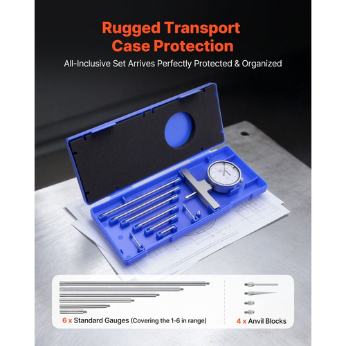 Βαθύμετρο VEVOR, Μικρόμετρο βάθους 0-22 ίντσες, ανάλυση 0,001 ίντσες, με 4 άκμονες και 6 τυπικές ράβδους, ακριβές, εύκολο στην ανάγνωση μηχανικό εργαλείο για τη μέτρηση αυλακιού, σκαλοπατιού, οπής