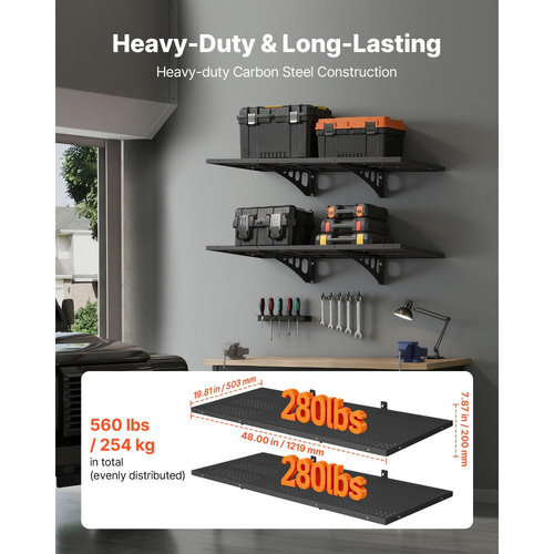 Ράφια τοίχου γκαράζ VEVOR 2 επιπέδων βαρέως τύπου, ατσάλινη μονάδα ραφιών τοίχου 50 x 122 cm, πλωτή μεταλλική βάση αποθήκευσης 500 x 1219 mm ανά ράφι για γκαράζ με συνολική χωρητικότητα βάρους 254 kg, μαύρη
