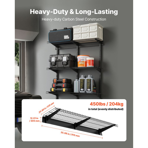 Ράφια τοίχου γκαράζ VEVOR 3 επιπέδων βαρέως τύπου, ατσάλινη μονάδα ραφιών τοίχου 275 x 914 mm, πλωτή μεταλλική βάση αποθήκευσης 275 x 914 mm ανά ράφι για γκαράζ με συνολική χωρητικότητα βάρους 204 kg, μαύρη