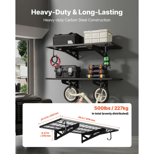 Ράφια τοίχου γκαράζ VEVOR 2 επιπέδων βαρέως τύπου, ατσάλινη μονάδα ραφιών τοίχου 610 x 1219 mm με γάντζους, μεταλλική πλωτή βάση αποθήκευσης 610 x 1219 mm ανά ράφι για γκαράζ, συνολική χωρητικότητα βάρους 227 kg