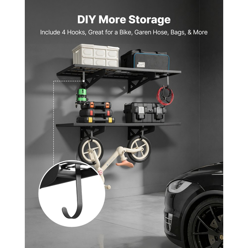 Ράφια τοίχου γκαράζ VEVOR 2 επιπέδων βαρέως τύπου, ατσάλινη μονάδα ραφιών τοίχου 610 x 1219 mm με γάντζους, μεταλλική πλωτή βάση αποθήκευσης 610 x 1219 mm ανά ράφι για γκαράζ, συνολική χωρητικότητα βάρους 227 kg