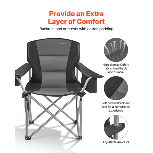 Καρέκλες κάμπινγκ VEVOR μεγάλου μεγέθους, 204 kg βαρέως τύπου στήριξη, φορητές πτυσσόμενες καρέκλες κάμπινγκ με επενδεδυμένη πλάτη και μπράτσα, θήκη για ποτήρια και πλαϊνή τσέπη, τσάντα ψυγείου, τσάντες μεταφοράς για υπαίθριες δραστηριότητες, ψάρεμα, 2 τεμάχια