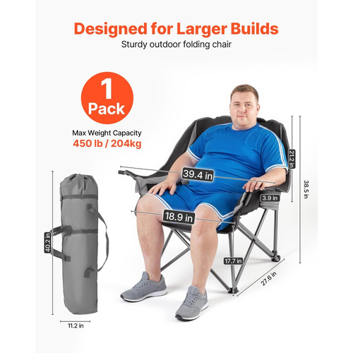 VEVOR Υπερμεγέθεις Καρέκλες Κάμπινγκ, Βαρέως Τύπου 204 kg, Φορητές Πτυσσόμενες Καρέκλες Κάμπινγκ με Επενδυμένη Επένδυση και Διπλές Θήκες για Ποτήρια & Θήκες για Ποτήρια Κρασιού, Τσάντα Μεταφοράς για Υπαίθριες Χρήσης, Ψάρεμα, Μαύρο & Γκρι, 1 Πακέτο