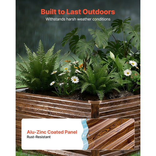 Γαλβανισμένο υπερυψωμένο παρτέρι VEVOR, 240 x 120 x 62 cm, Ορθογώνιο μεταλλικό κουτί γλάστρας εξωτερικού χώρου, Υπερυψωμένο κουτί φύτευσης χωρίς πάτο με γάντια, Alu-Zinc, για καλλιέργεια λουλουδιών και λαχανικών, βαθύ ξύλο