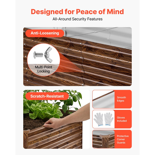 Γαλβανισμένο υπερυψωμένο παρτέρι VEVOR, 240 x 120 x 62 cm, Ορθογώνιο μεταλλικό κουτί γλάστρας εξωτερικού χώρου, Υπερυψωμένο κουτί φύτευσης χωρίς πάτο με γάντια, Alu-Zinc, για καλλιέργεια λουλουδιών και λαχανικών, βαθύ ξύλο