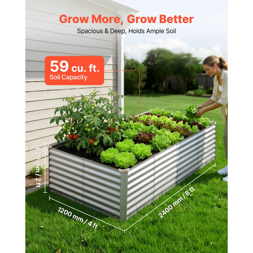 Γαλβανισμένο υπερυψωμένο παρτέρι VEVOR, 2400 x 1200 x 620 mm, Κιτ ορθογώνιας μεταλλικής γλάστρας εξωτερικού χώρου, Υπερυψωμένο κουτί φύτευσης χωρίς πάτο με γάντια, Alu-Zinc, για καλλιέργεια λουλουδιών και λαχανικών, Ασημί