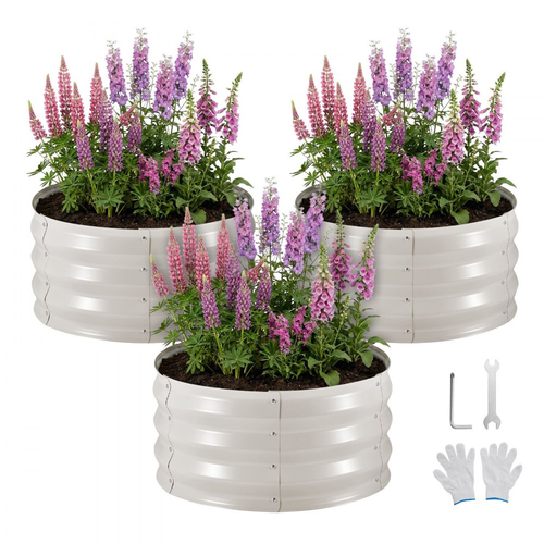 VEVOR 3 τεμάχια γαλβανισμένα υπερυψωμένα παρτέρια κήπου, 60 x 60 x 30 cm, Κιτ στρογγυλών μεταλλικών κουτιών γλάστρας εξωτερικού χώρου, υπερυψωμένα κουτιά κήπου χωρίς πάτο με γάντια, Alu-Zinc, για φύτευση λουλουδιών λαχανικών βοτάνων, μπεζ