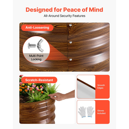 VEVOR 2 τεμάχια γαλβανισμένα υπερυψωμένα παρτέρια κήπου, 1200 x 600 x 300 mm, Κιτ οβάλ μεταλλικών κουτιών γλάστρας εξωτερικού χώρου, Κουτί κήπου χωρίς πάτο με γάντια, Alu-Zinc, για φύτευση λουλουδιών και λαχανικών, με βαθύ κόκκο ξύλου