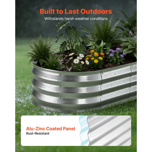 VEVOR 2 τεμάχια γαλβανισμένα υπερυψωμένα παρτέρια κήπου, 1200 x 600 x 300 mm, Κιτ οβάλ μεταλλικών κουτιών γλάστρας εξωτερικού χώρου, Υπερυψωμένο κουτί κήπου χωρίς πάτο με γάντια, Alu-Zinc, για φύτευση λουλουδιών και λαχανικών, Ασημί