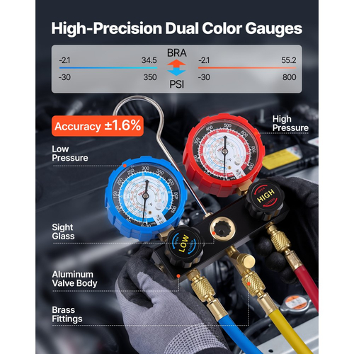 Σετ μετρητών πολλαπλής εισαγωγής AC VEVOR για ψυκτικό R134a R404A R1234yf R22, μετρητής AC 3 κατευθύνσεων με σωλήνες 1,5 m, προσαρμογείς, ταχυσύνδεσμοι, βρύσες για συντήρηση κλιματιστικών αυτοκινήτων, εκκένωση φόρτισης