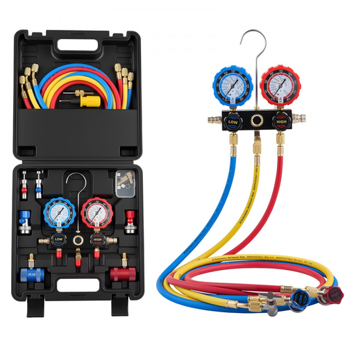 Σετ μετρητών πολλαπλής εισαγωγής AC VEVOR για ψυκτικό R134a R404A R1234yf R22, μετρητής AC 3 κατευθύνσεων με σωλήνες 1,5 m, προσαρμογείς, ταχυσύνδεσμοι, βρύσες για συντήρηση κλιματιστικών αυτοκινήτων, εκκένωση φόρτισης