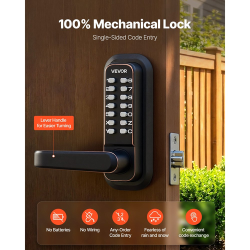 Μηχανική κλειδαριά εισόδου χωρίς κλειδί VEVOR, αναβάθμιση κωδικού 2.0, κωδικός 4-7 ψηφίων, κλειδαριά πόρτας με πληκτρολόγιο μονής όψης και λαβή, αυτόματο κλείδωμα, για εσωτερικό ή εξωτερικό χώρο, μπρούντζος με τριβή λαδιού