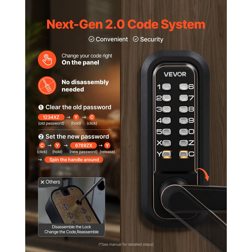Μηχανική κλειδαριά εισόδου χωρίς κλειδί VEVOR, αναβάθμιση κωδικού 2.0, κωδικός 4-7 ψηφίων, κλειδαριά πόρτας με πληκτρολόγιο μονής όψης και λαβή, αυτόματο κλείδωμα, για εσωτερικό ή εξωτερικό χώρο, μπρούντζος με τριβή λαδιού